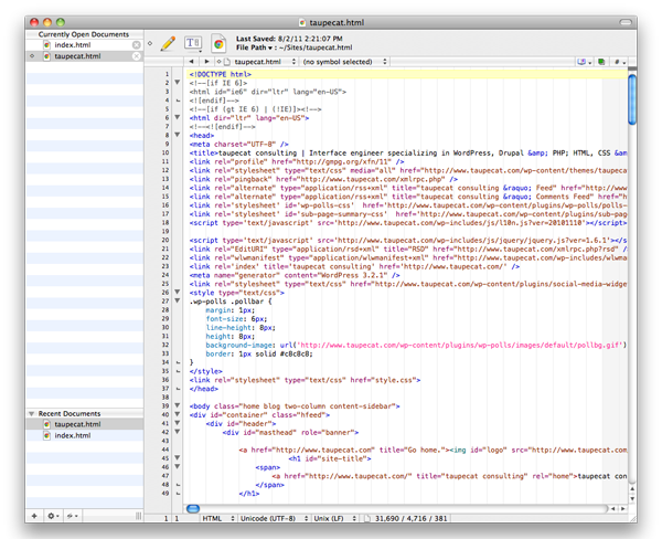 BBEdit 10 window with the document sidebar on the left.